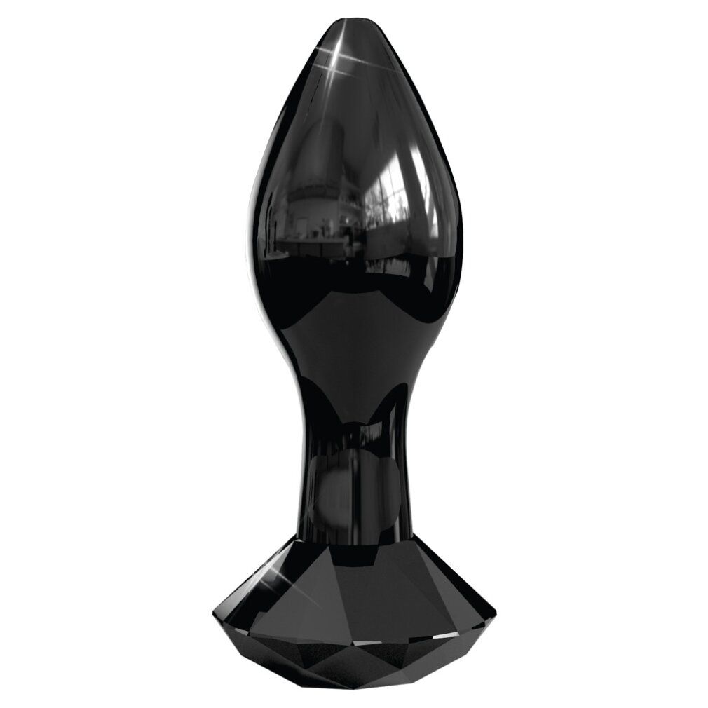 Schwarzer Glas-Analplug mit tropfenförmigem Kopf und facettiertem Sockel. Glänzende Oberfläche.