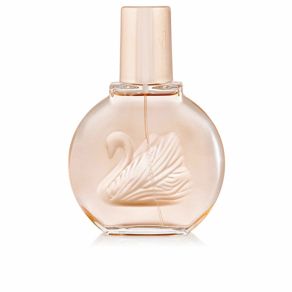 Runder Flakon mit rosa Flüssigkeit und Sprühkopf. Ein Schwan ist auf dem Flakon abgebildet.