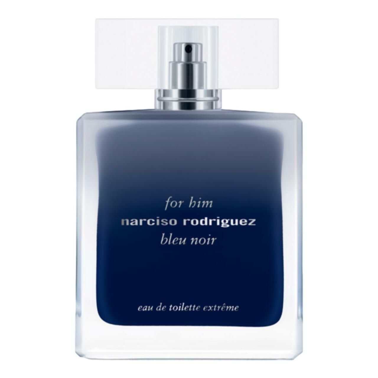 Rechteckige Flasche mit Farbverlauf von dunkelblau nach transparent. Aufschrift: For Him Narciso Rodriguez Bleu Noir, Eau de Toilette Extrême.