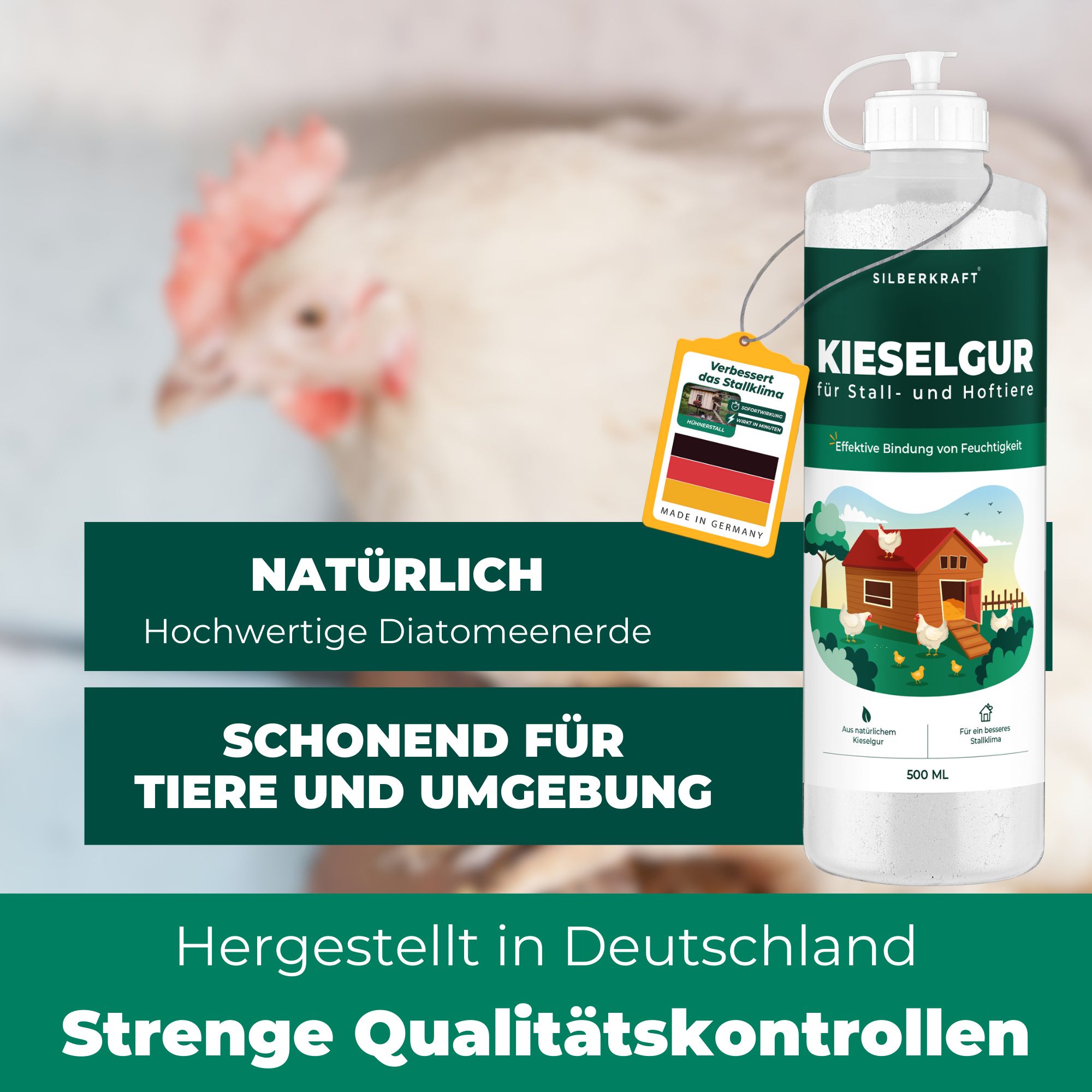Flasche SILBERKRAFT Kieselgur. Text: Natürlich, schonend für Tiere und Umgebung. Hergestellt in Deutschland. Strenge Qualitätskontrollen.