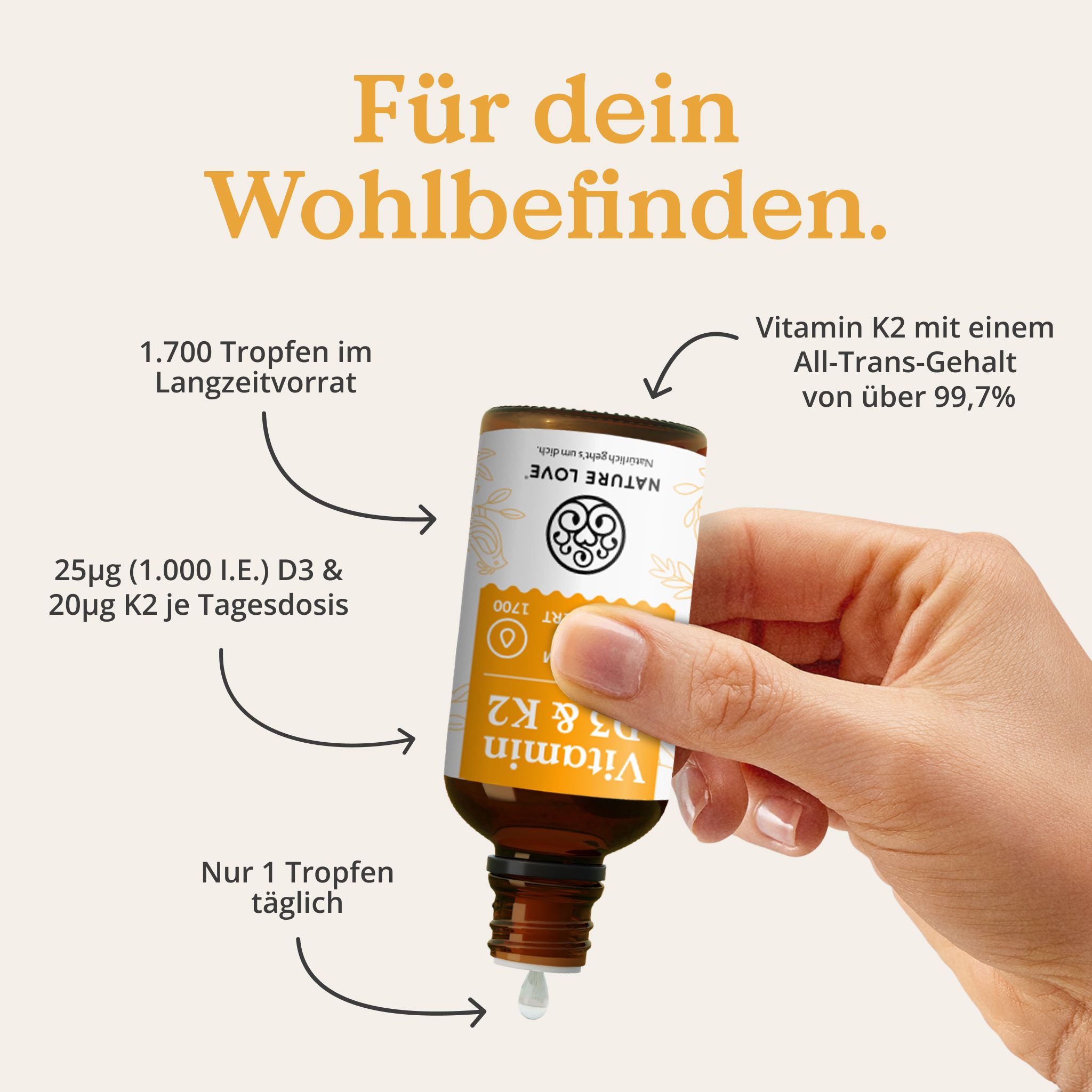 NATURE LOVE Vitamin D3/K2 Tropfen: 1 Tropfen täglich, 25µg D3, 20µg K2, K2 mit >99,7% All-Trans-Gehalt.