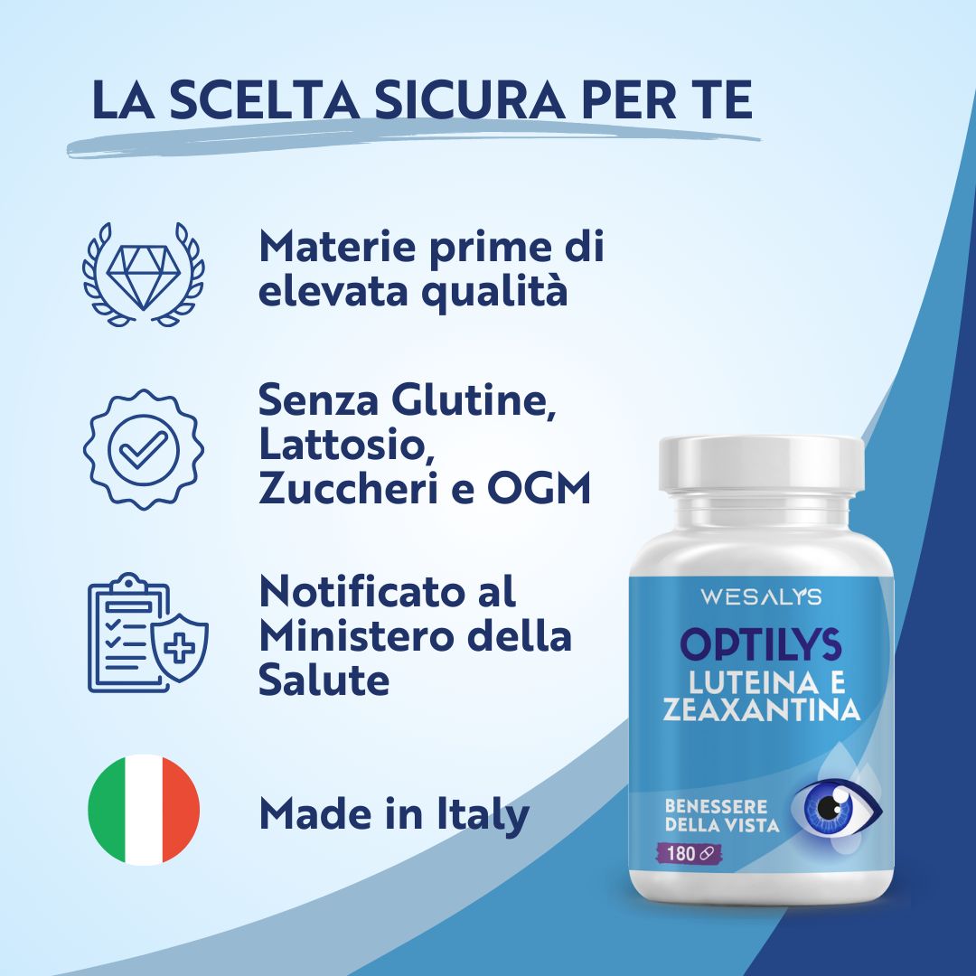 Eine Flasche Wesalys Optilys Lutein & Zeaxanthin, 180 Kapseln. Hergestellt in Italien.