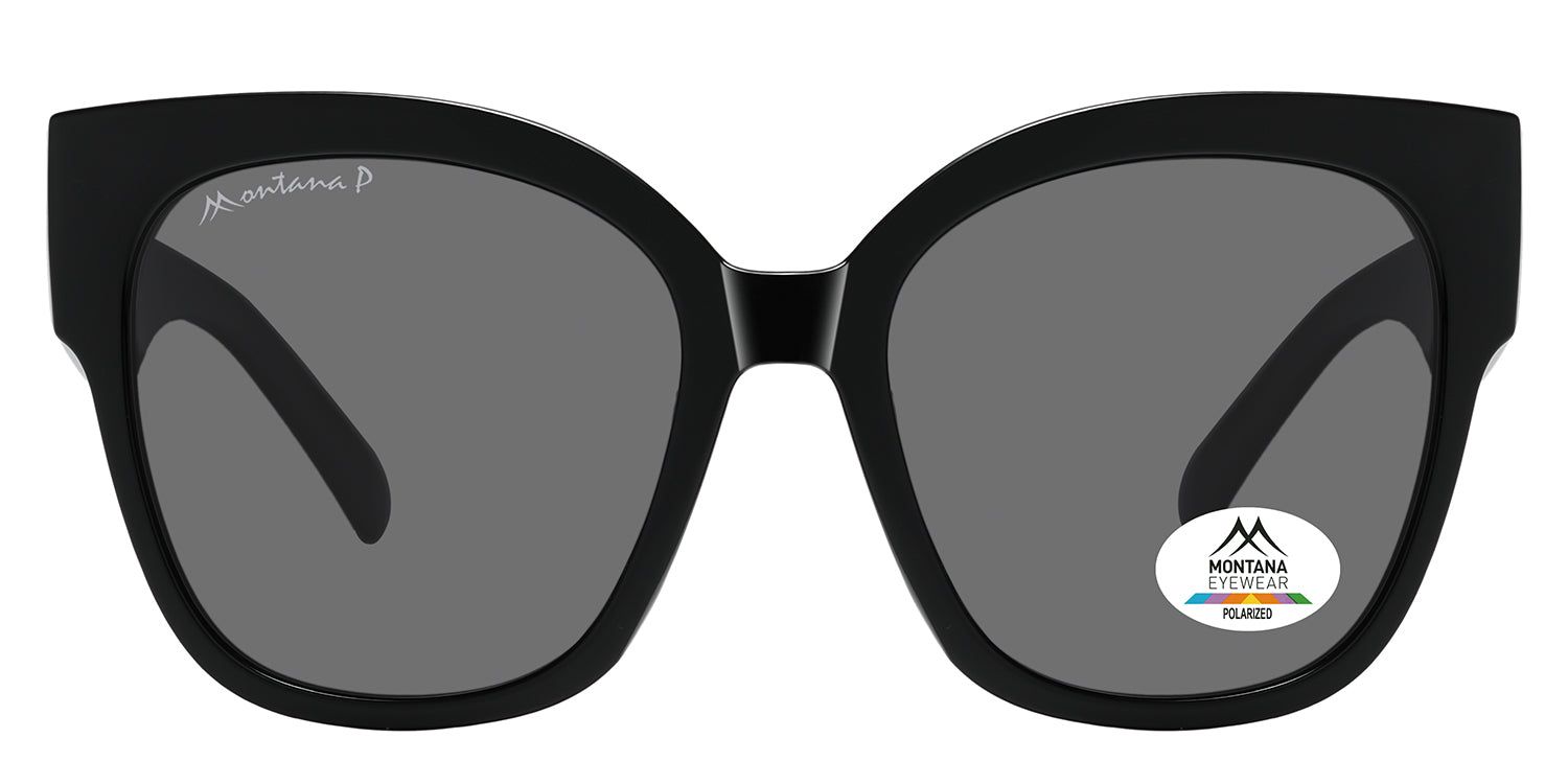Schwarze Sonnenbrille mit grauen Gläsern. Montana Eyewear Logo auf dem linken Bügel. Polarisiert-Aufkleber auf dem rechten Glas.
