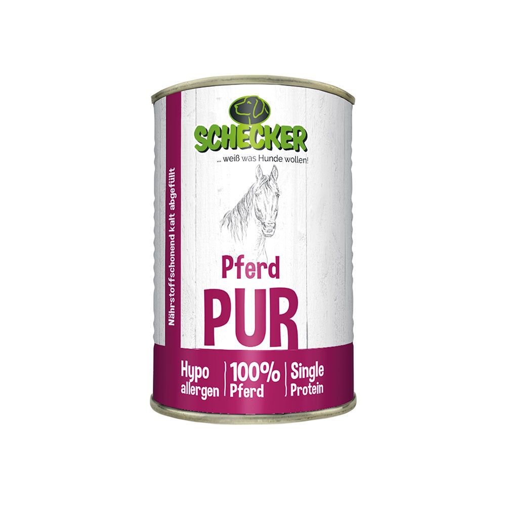 Zylindrische Dose mit lila Etikett. Aufschrift "Schecker Pferd PUR". Logo mit Hund und Pferd. Text: Hypoallergen, 100% Pferd, Single Protein.