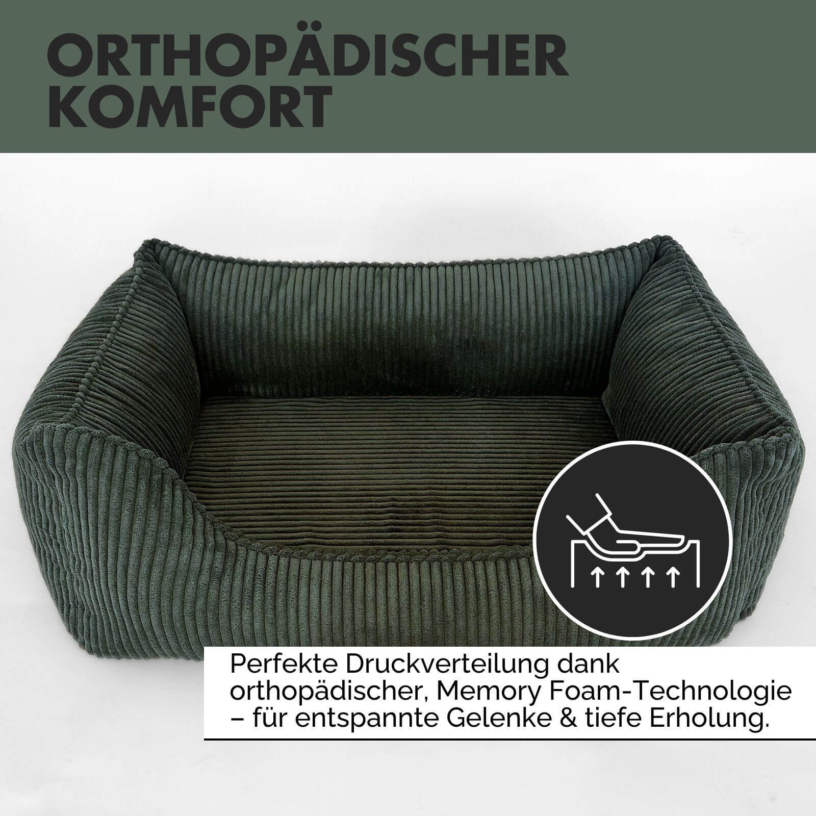 Grünes Hundebett mit Cordstruktur. Text: Orthopädischer Komfort. Illustration: Person auf Matratze. Text: Memory Foam.