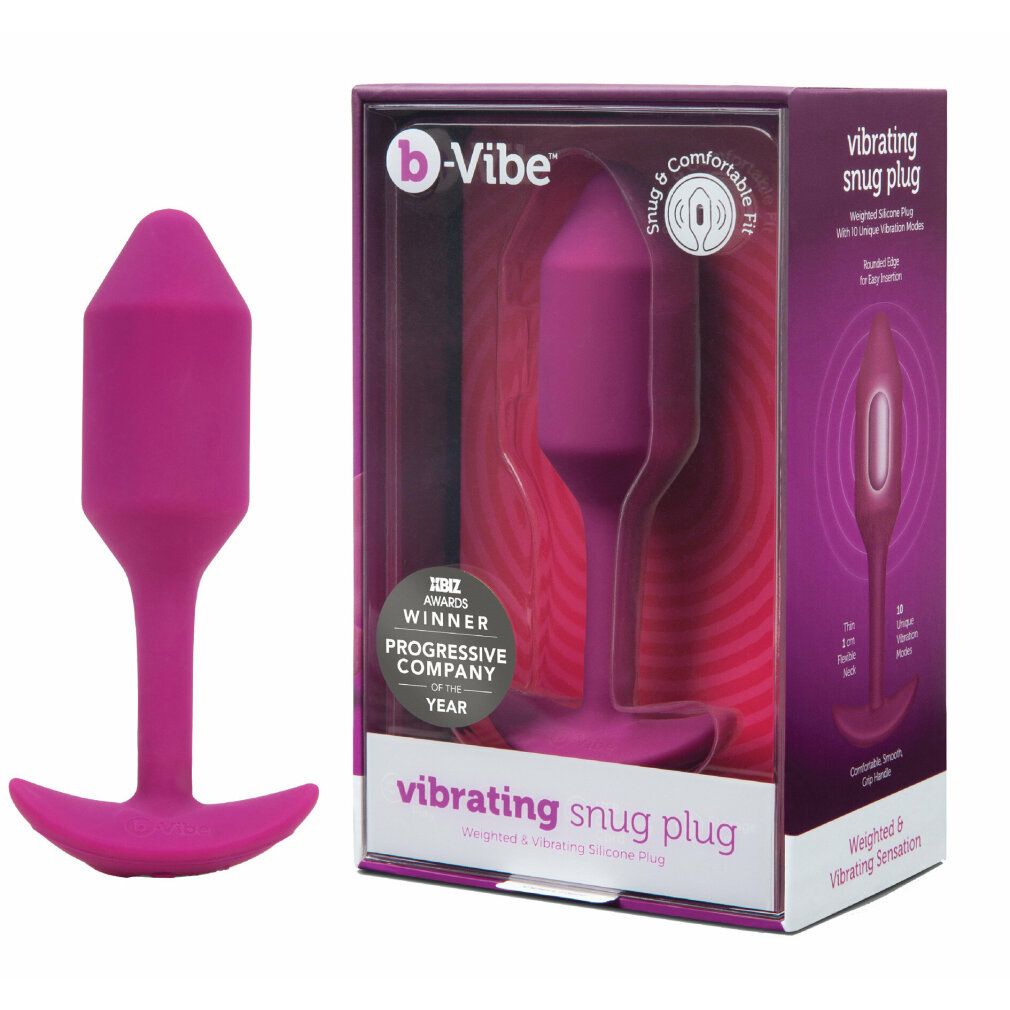 Lila Plug in Verpackung. Auf der Verpackung steht 'b-Vibe vibrating snug plug'.