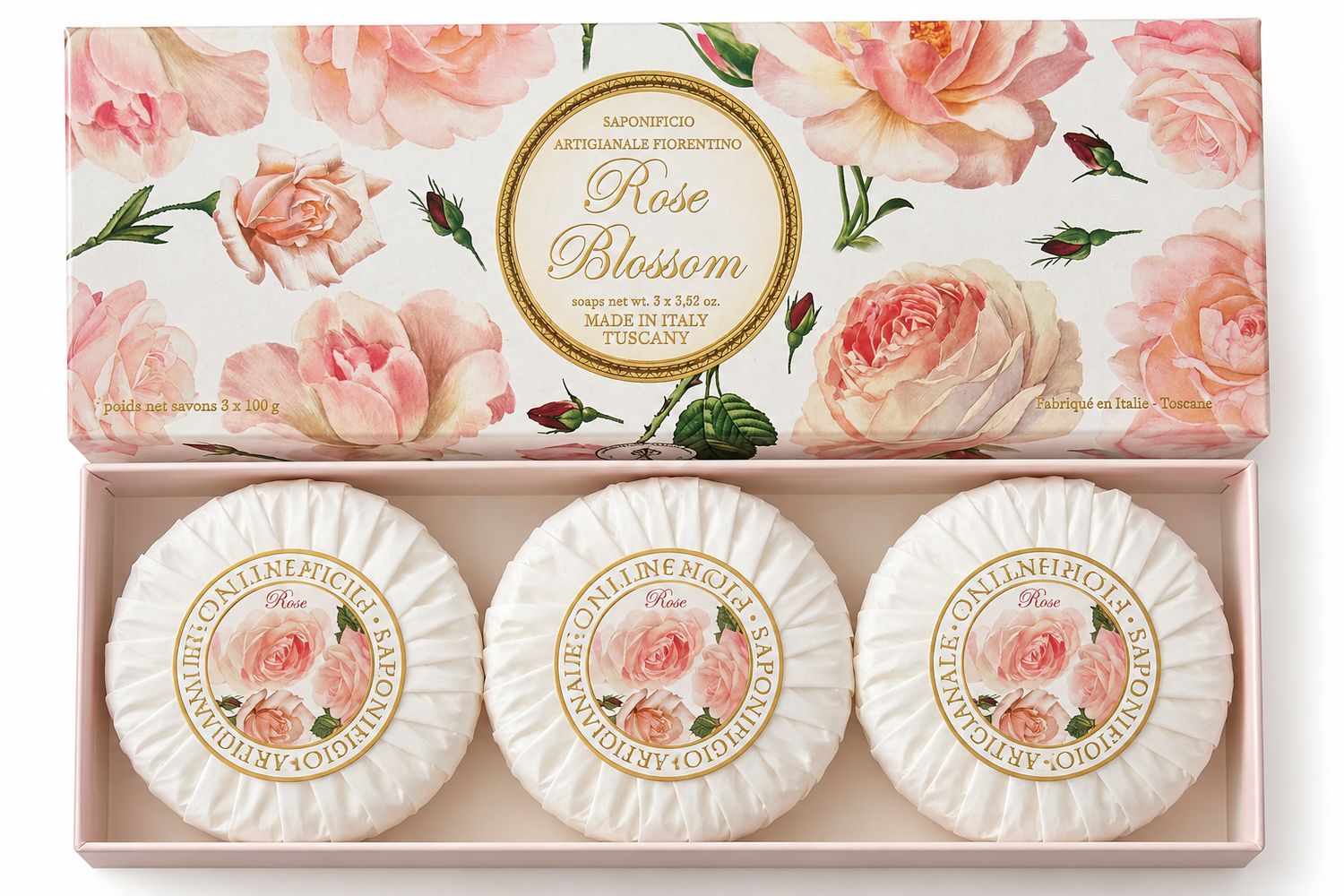 Saponificio Artigianale Fiorentino Rose Blossom Seifen Geschenkset – Rosenduft Made in Italy 300 g