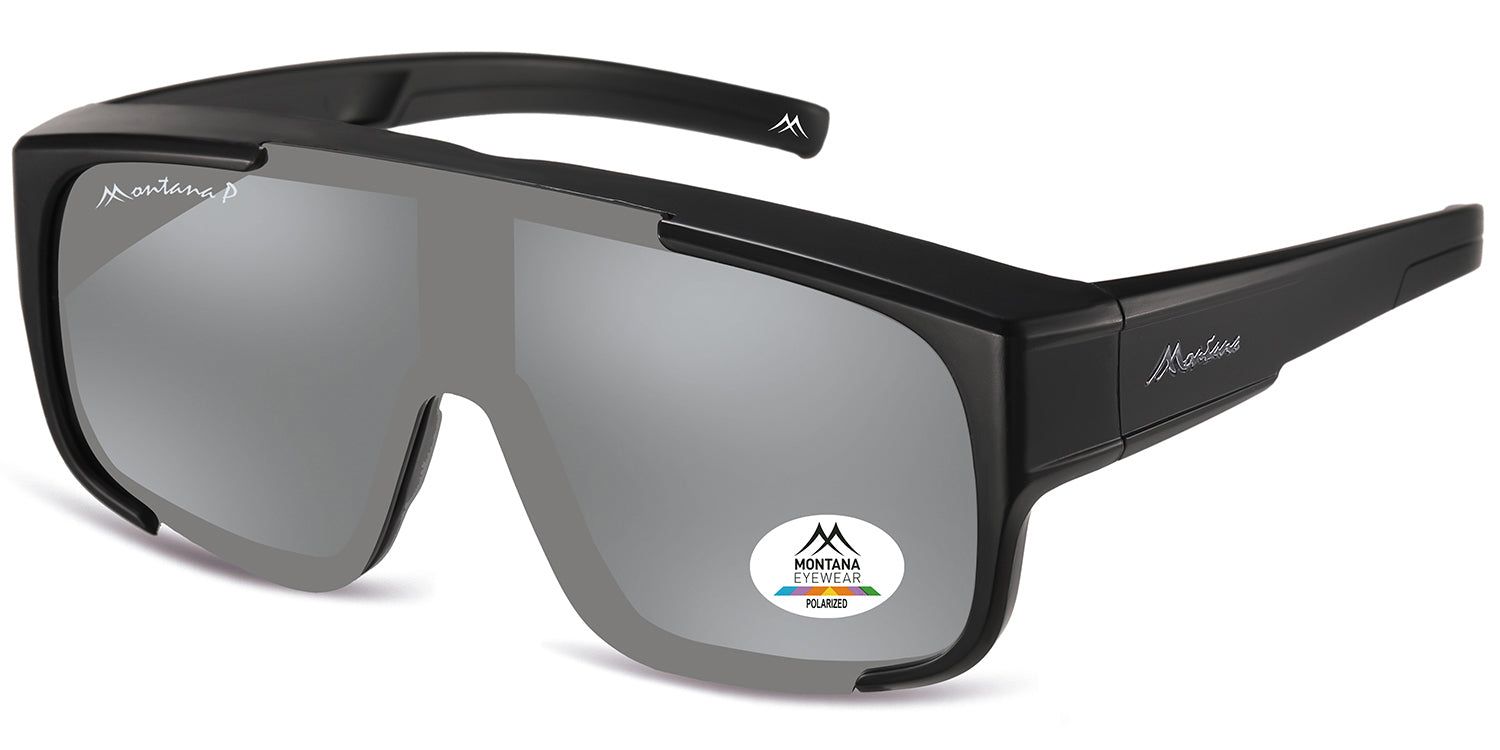 Schwarze Sonnen-Überbrille mit grau getönten Gläsern. Montana Eyewear Logo auf dem Bügel und Glas.