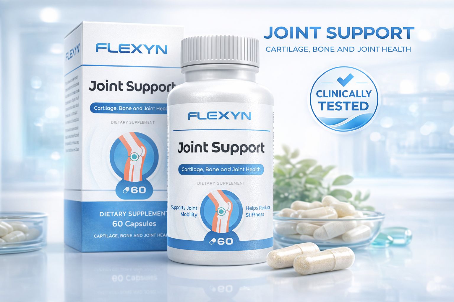 Flexyn Joint Support Nahrungsergänzungsmittel-Flasche und Karton. Enthält 60 Kapseln. "Klinisch getestet" Siegel sichtbar.