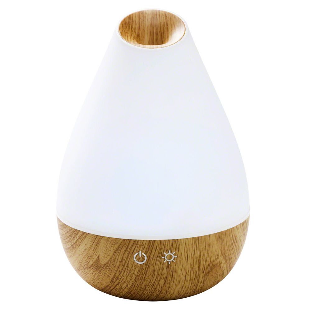 Aroma-Diffusor. Tropfenförmiges Design mit Holzoptik am Boden. Oben Öffnung mit Holzmaserung. Zwei Symbole: Ein/Aus und Sonne.