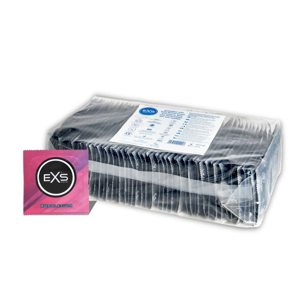 Großpackung EXS Kondome in schwarzer Verpackung, einzelnes Kondom daneben.