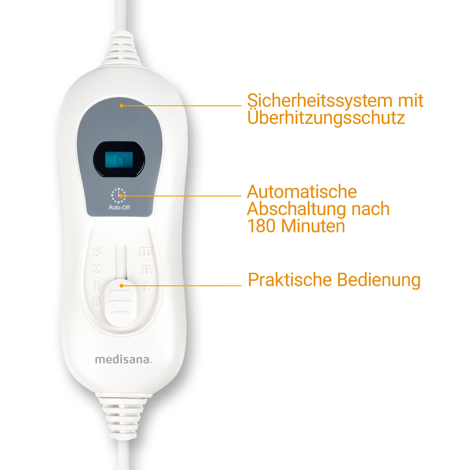 Bedienelement des medisana Wärmeunterbetts mit Display und Beschriftungen für Überhitzungsschutz und Abschaltautomatik.