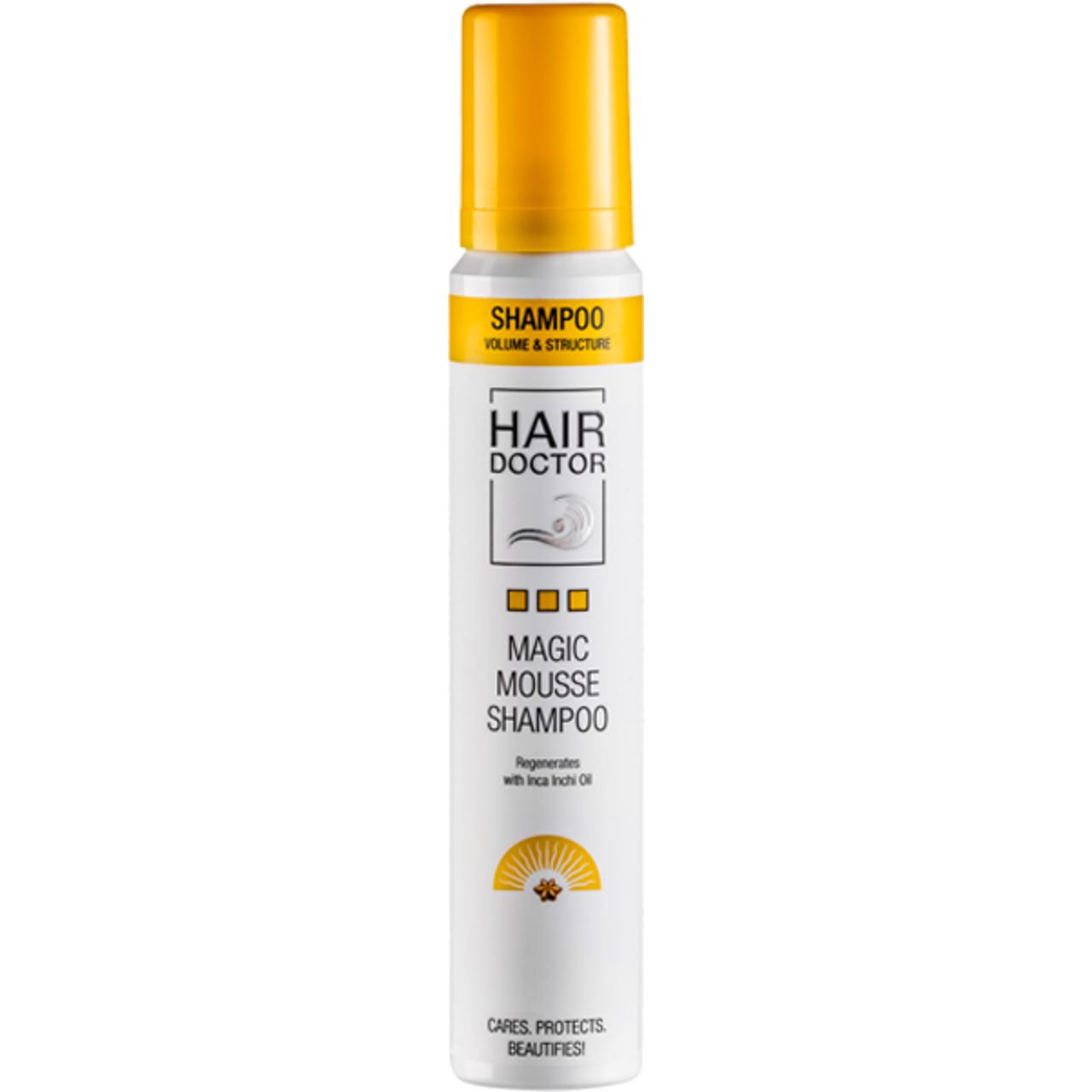 Haarschaum-Shampoo mit gelbem Deckel. Aufschrift: Hair Doctor, Magic Mousse Shampoo. Volumen & Struktur.