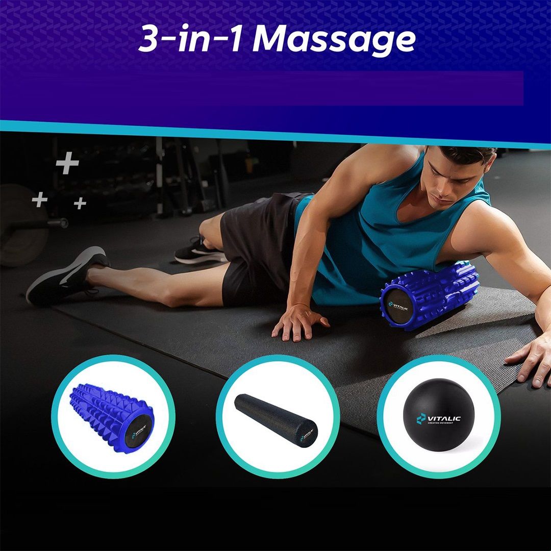 Mann trainiert mit blauem Triggerpunkt-Massage-Roller. Drei Produkte: Roller, Mini-Roller, Kugel. Text: 3-in-1 Massage.