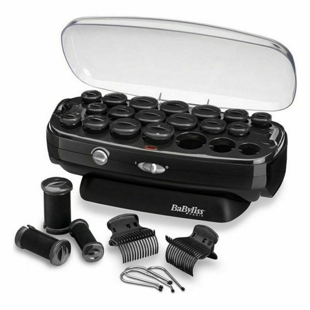 Schwarzer Heizwickler mit transparentem Deckel, 16 Wickler, Clips und Metallklammern. Babyliss-Logo.
