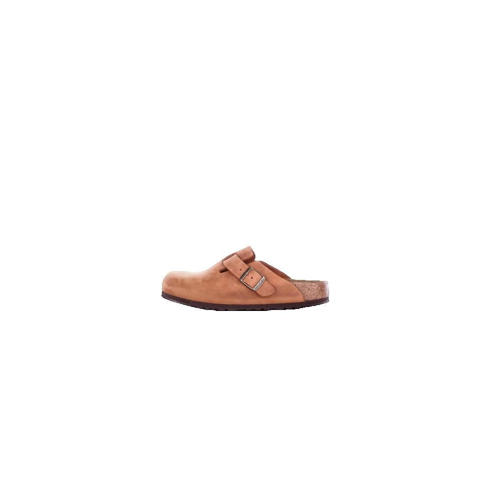 Zoccoli Birkenstock Boston. Pelle marrone, fibbia regolabile. Plantare in sughero, suola nera.