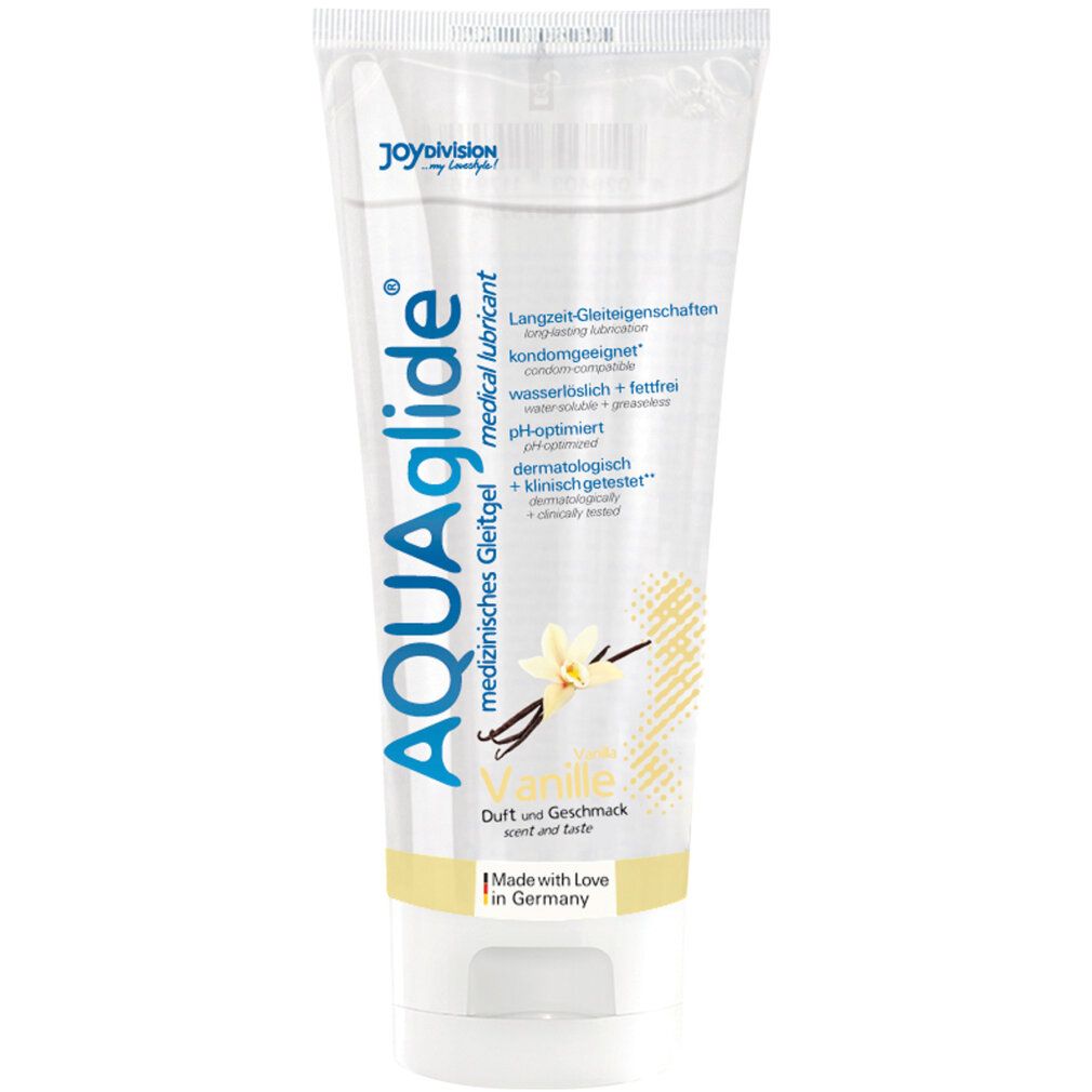 AQUAglide Vanille-Gleitmittel in Tube. Medizinisch. Mit Vanille-Motiv. Text: Langzeit-Gleiteigenschaften, pH-optimiert, dermatologisch getestet.