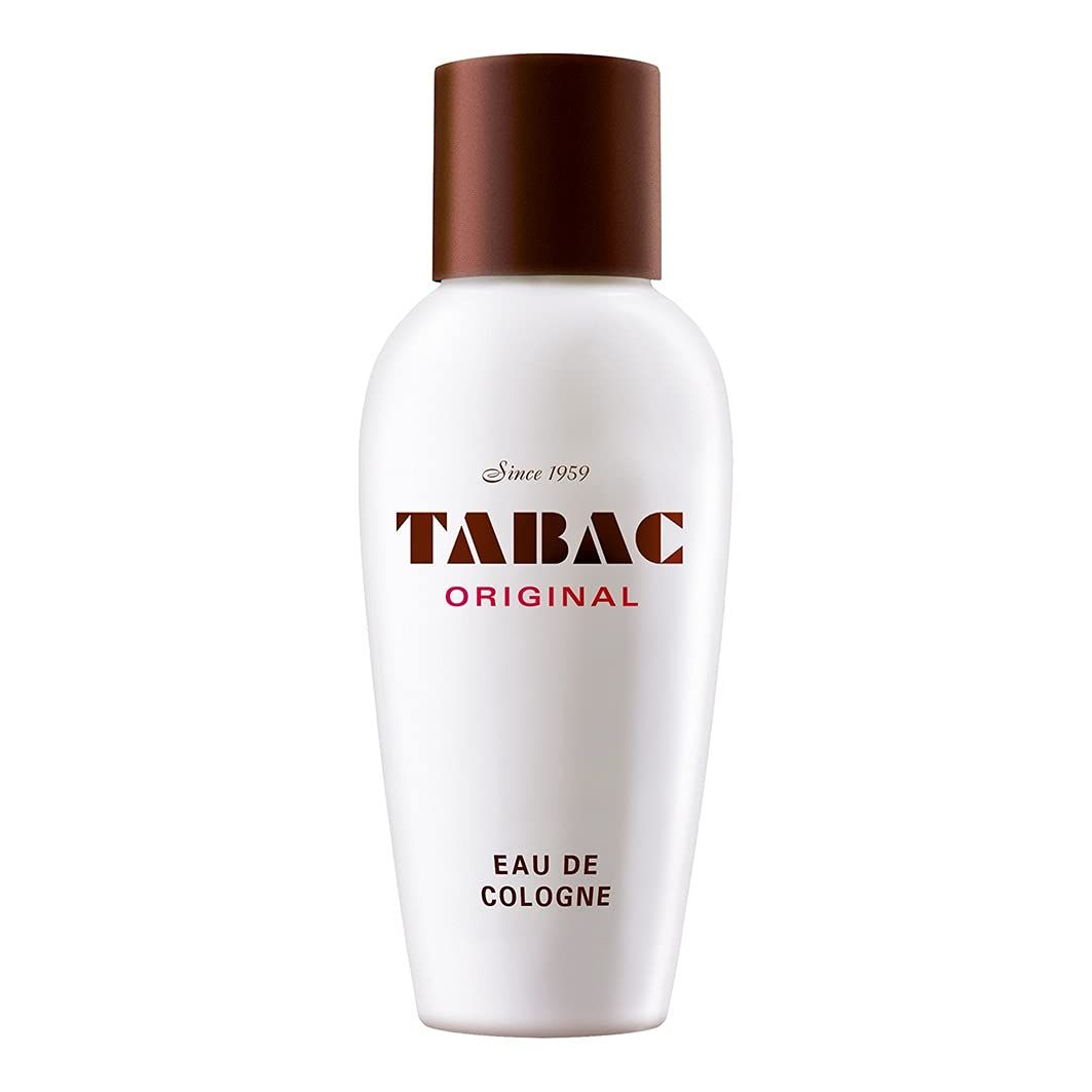 Weiße Flasche mit braunem Deckel. Tabac Original Eau de Cologne. Text: Eau de Cologne.
