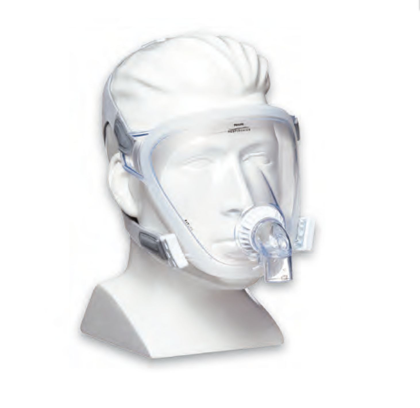 Vollgesichtsmaske auf einer Schaufensterpuppe, klare Front, graue und weiße Riemen.