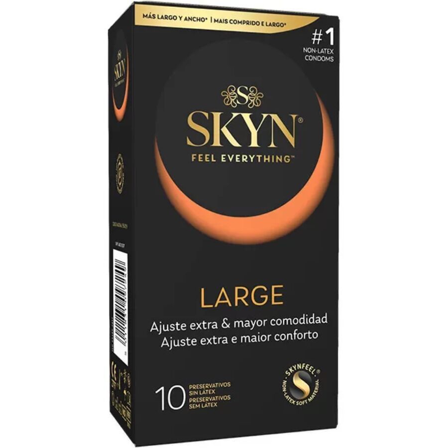 Schwarze Verpackung mit orangefarbenem Halbkreis. Aufschrift "SKYN" und "LARGE". Enthält 10 Kondome. Text: "PRESERVATIVOS SIN LÁTEX".