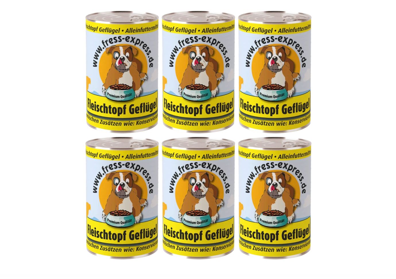 Sechs Dosen Fress-express Fleischtopf Geflügel Alleinfutter für Hunde. Auf jeder Dose: Hund, Futternapf, Text.