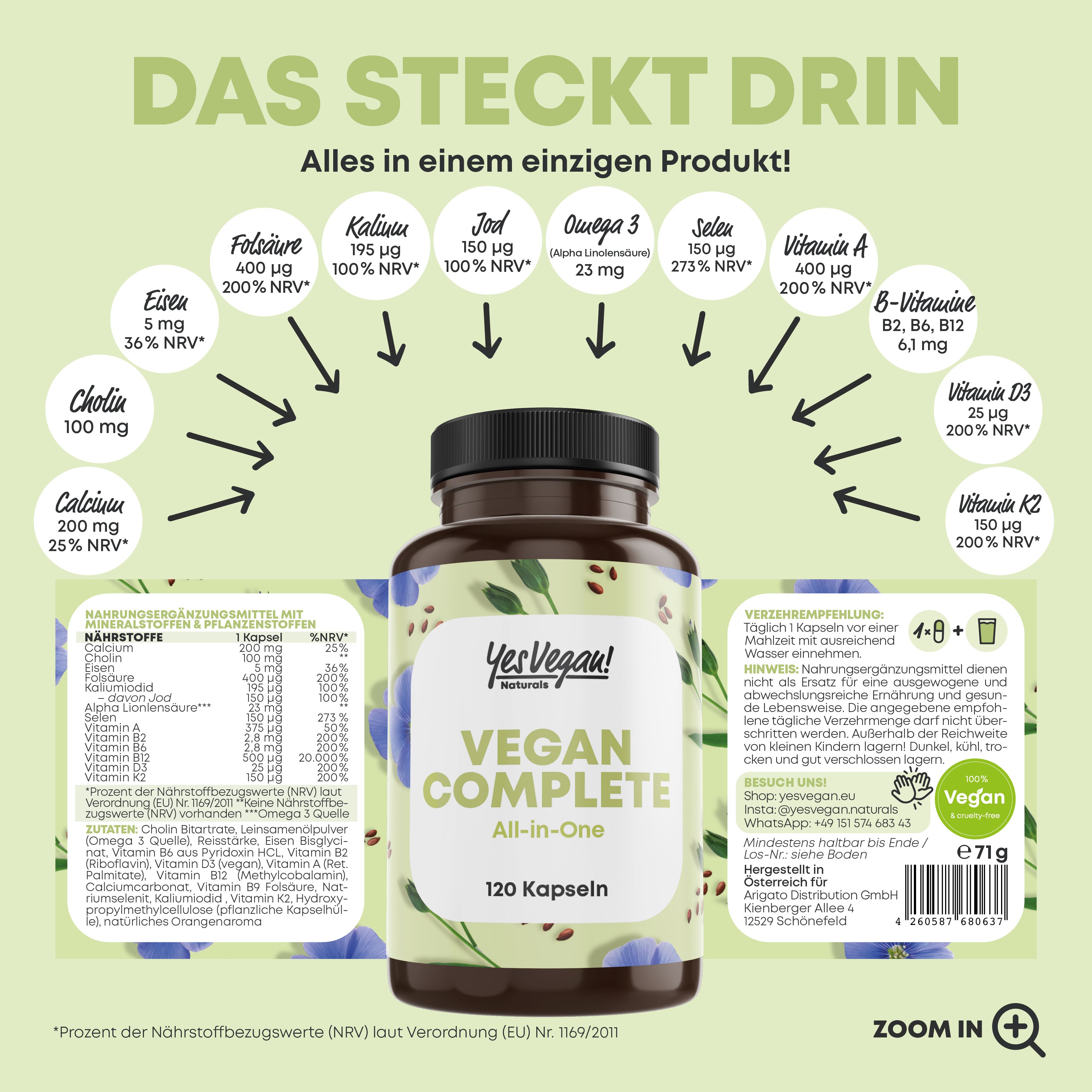 Braune Flasche mit "Yes Vegan! Vegan Complete" und Nährwertangaben. Enthält 120 Kapseln. Pfeile zeigen auf Inhaltsstoffe und Prozentsätze.