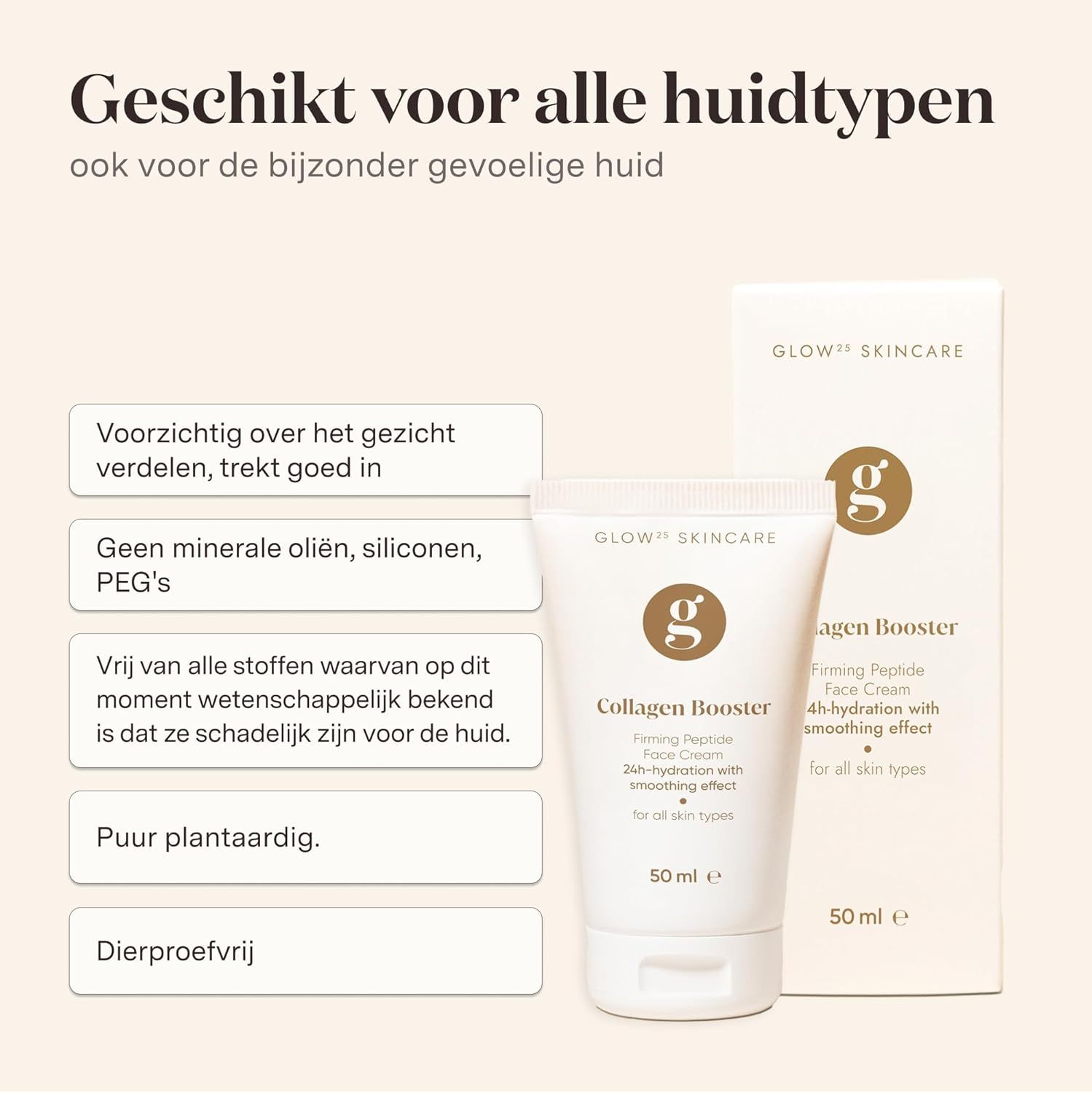 De afbeelding toont een witte tube en doos met "Glow Skincare Collagen Booster". De tube bevat 50 ml crème. Op de verpakking staat "Firming Peptide Face Cream" en "for all skin types".