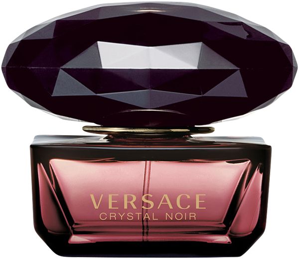 Dunkelroter Flakon mit facettiertem Deckel. Aufschrift: VERSACE CRYSTAL NOIR.