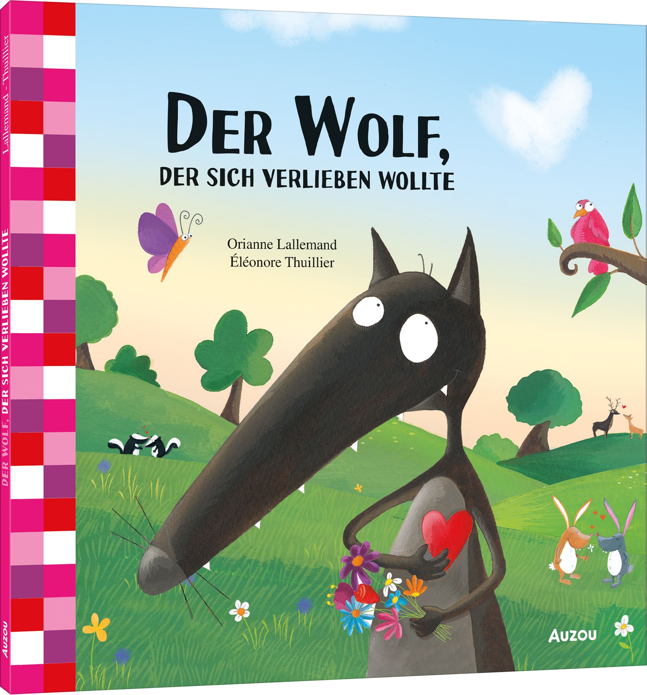 Buchcover: "Der Wolf, der sich verlieben wollte". Illustration eines Wolfs mit Blumen und Herz. Autorinnen: Orianne Lallemand, Éléonore Thuillier.