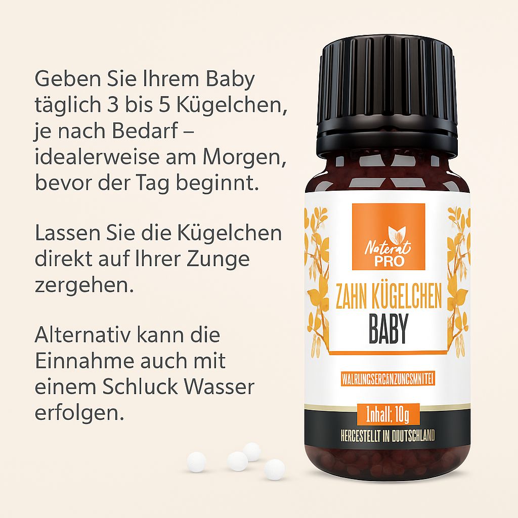 Braune Glasflasche mit schwarzem Deckel. Etikett mit Produktnamen und Logo. Weiße Kügelchen daneben. Text mit Anwendungshinweisen.