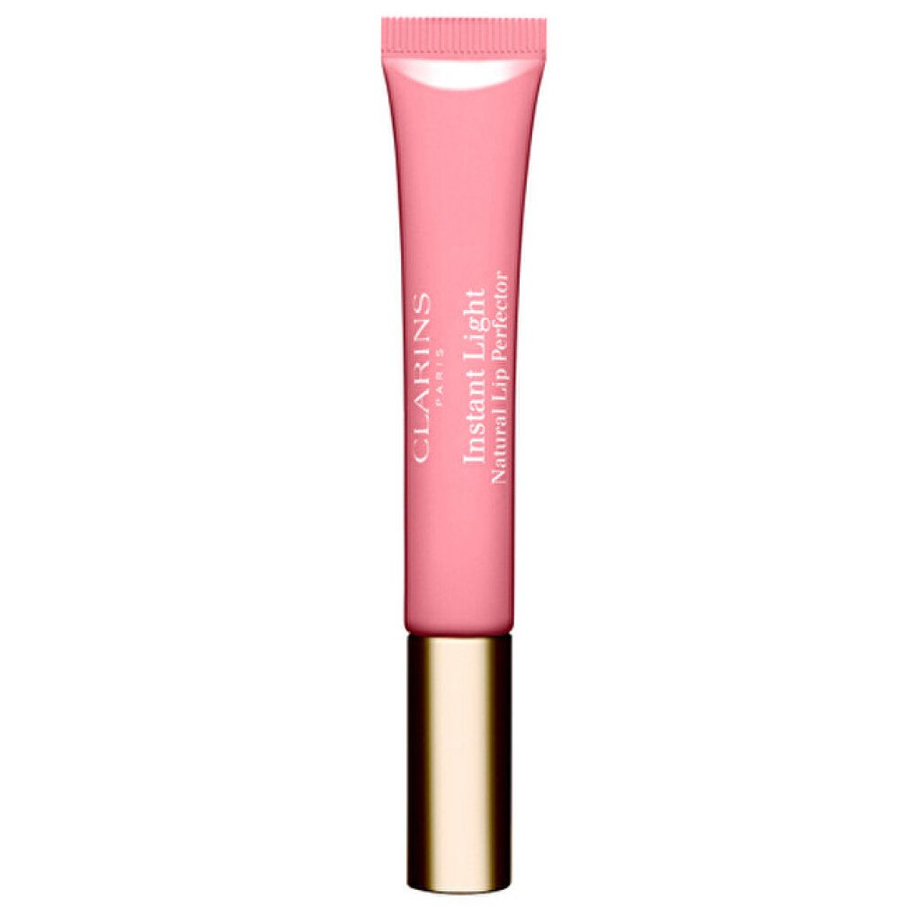 Clarins Natural Lip Perfector #02 Apricot Shimmer. Tube mit rosa Inhalt, goldfarbener Verschluss. Text: Clarins, Instant Light Natural Lip Perfector.