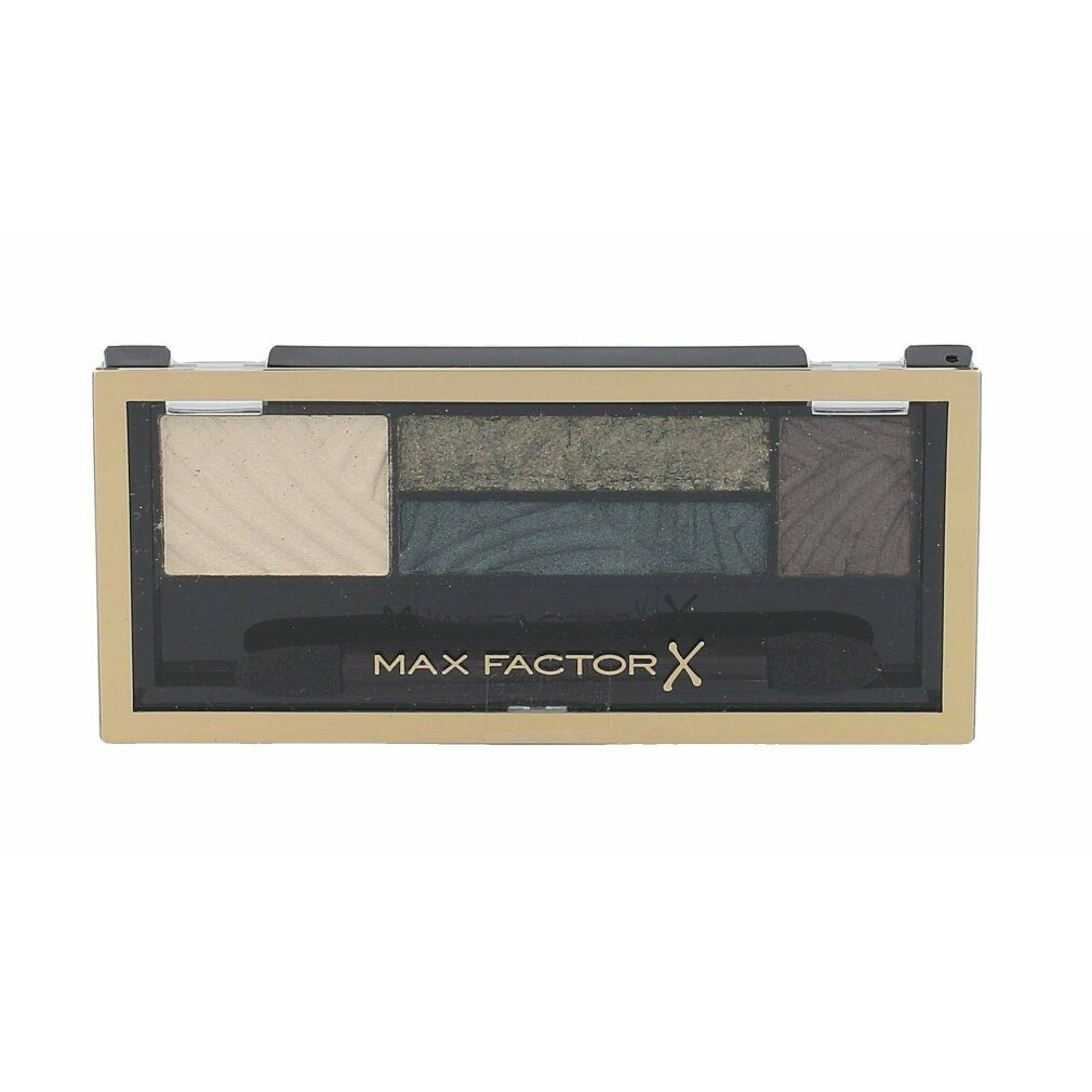Lidschatten-Palette mit fünf Farbtönen. Goldfarbener Rahmen, schwarzer Applikator. Marke: Max Factor.