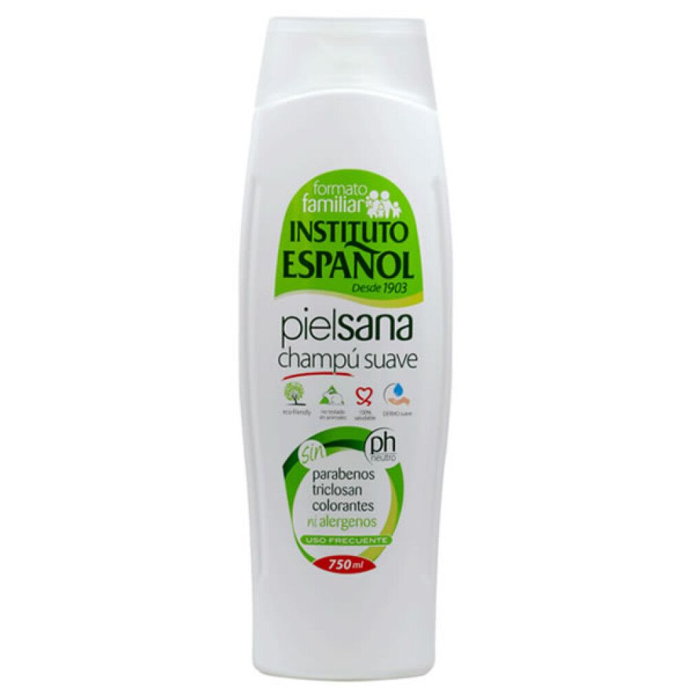 Weiße Flasche Mildes Shampoo mit grüner und weißer Beschriftung. Enthält Symbole für pH-Wert und hypoallergene Eigenschaften.