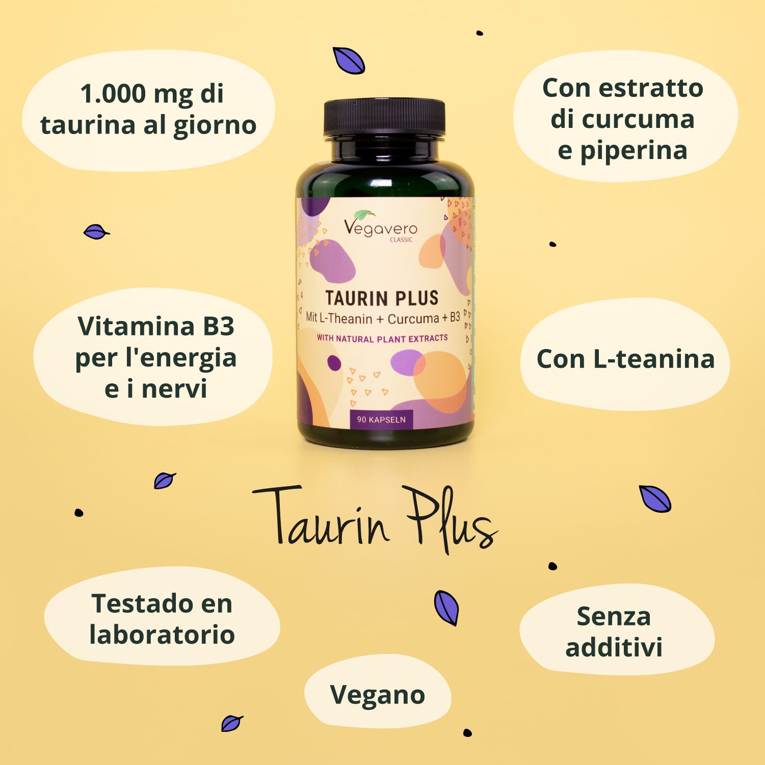 Bottiglia del prodotto con testo: Taurin Plus. Informazioni aggiuntive: Vegano, testato in laboratorio, senza additivi.
