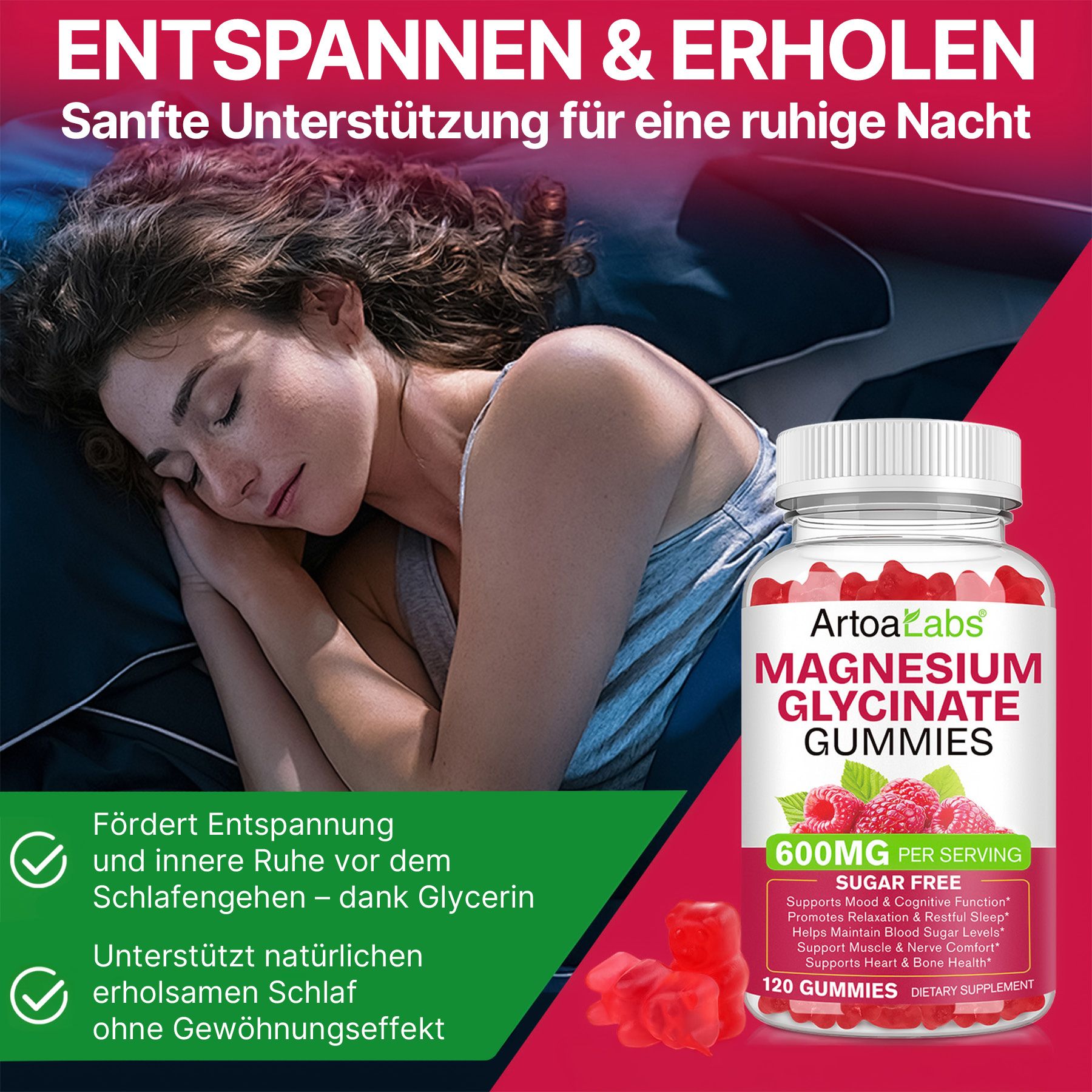 Artoalabs Magnesium Glycinate Gummies: 120 Stück, 600mg pro Portion, zuckerfrei. Fördert Entspannung und Schlaf.