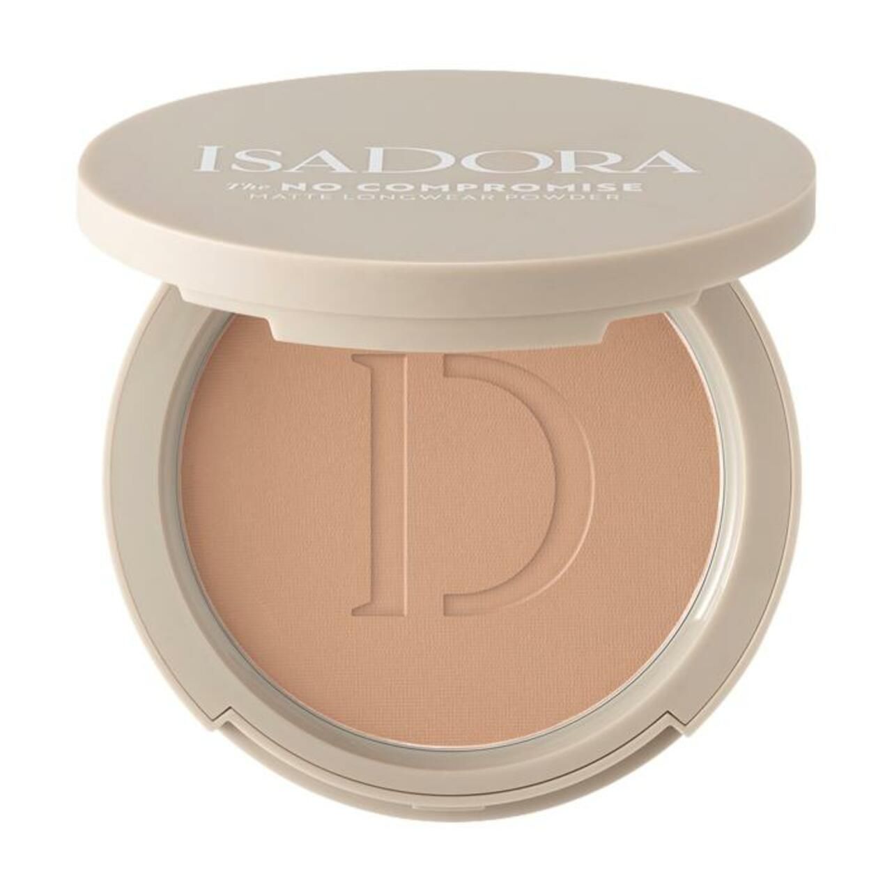 Kompaktpuder mit Deckel. Marke IsaDora, Schriftzug. Beige Puder. Geöffnet, Puder mit Prägung.