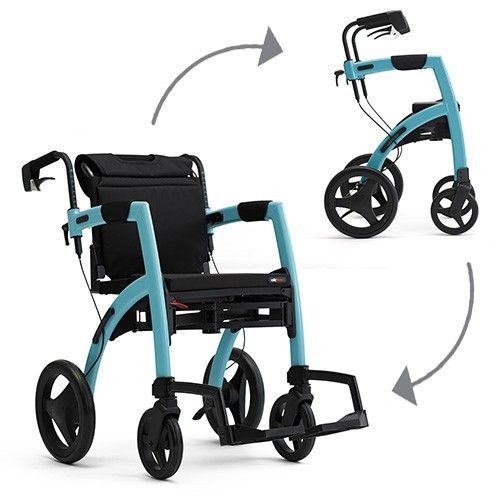 Rollator/Rollstuhl, blaugrün, in zwei Positionen. Geöffnet und gefaltet, vier Räder, Handgriffe.