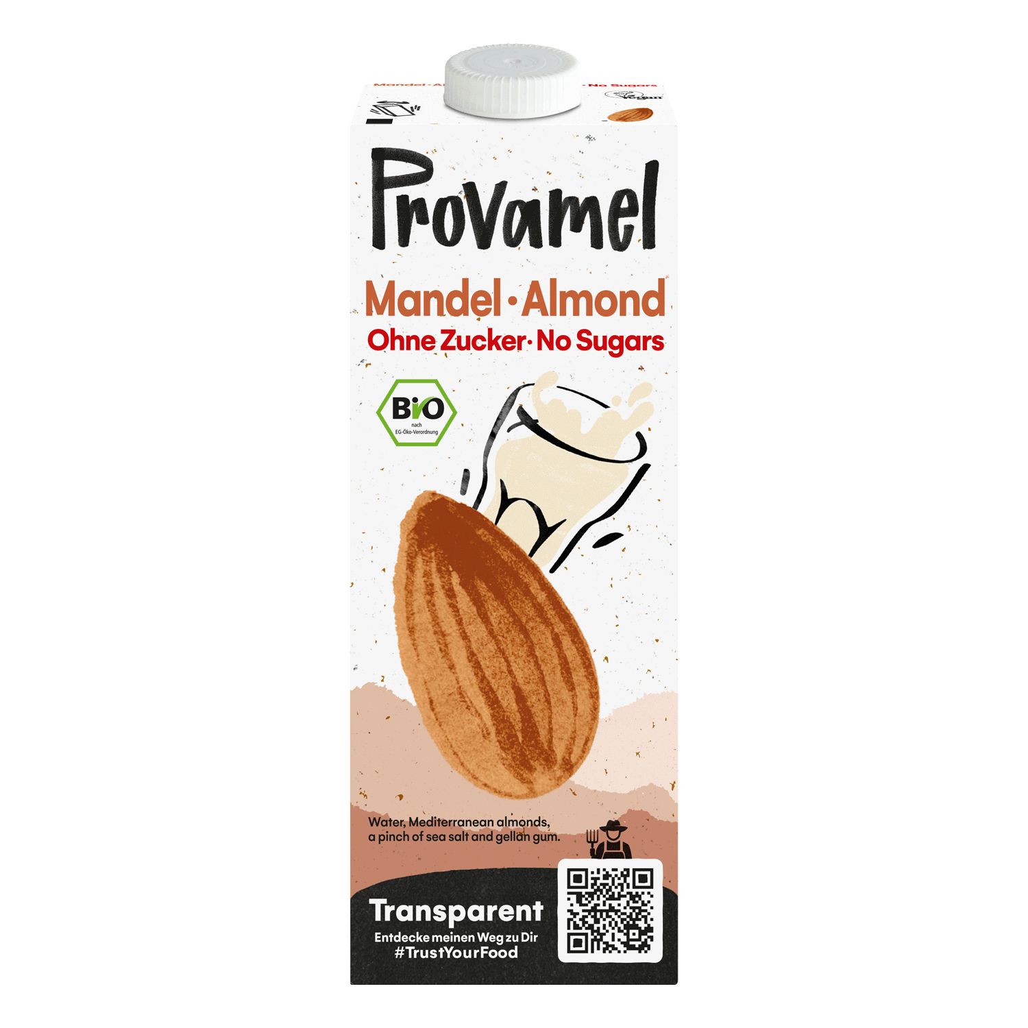 Tetrapack Provamel Mandeldrink ohne Zucker. Aufschrift: Mandel, Ohne Zucker, BIO-Siegel. Abbildung einer Mandel und eines Glases Mandelmilch.