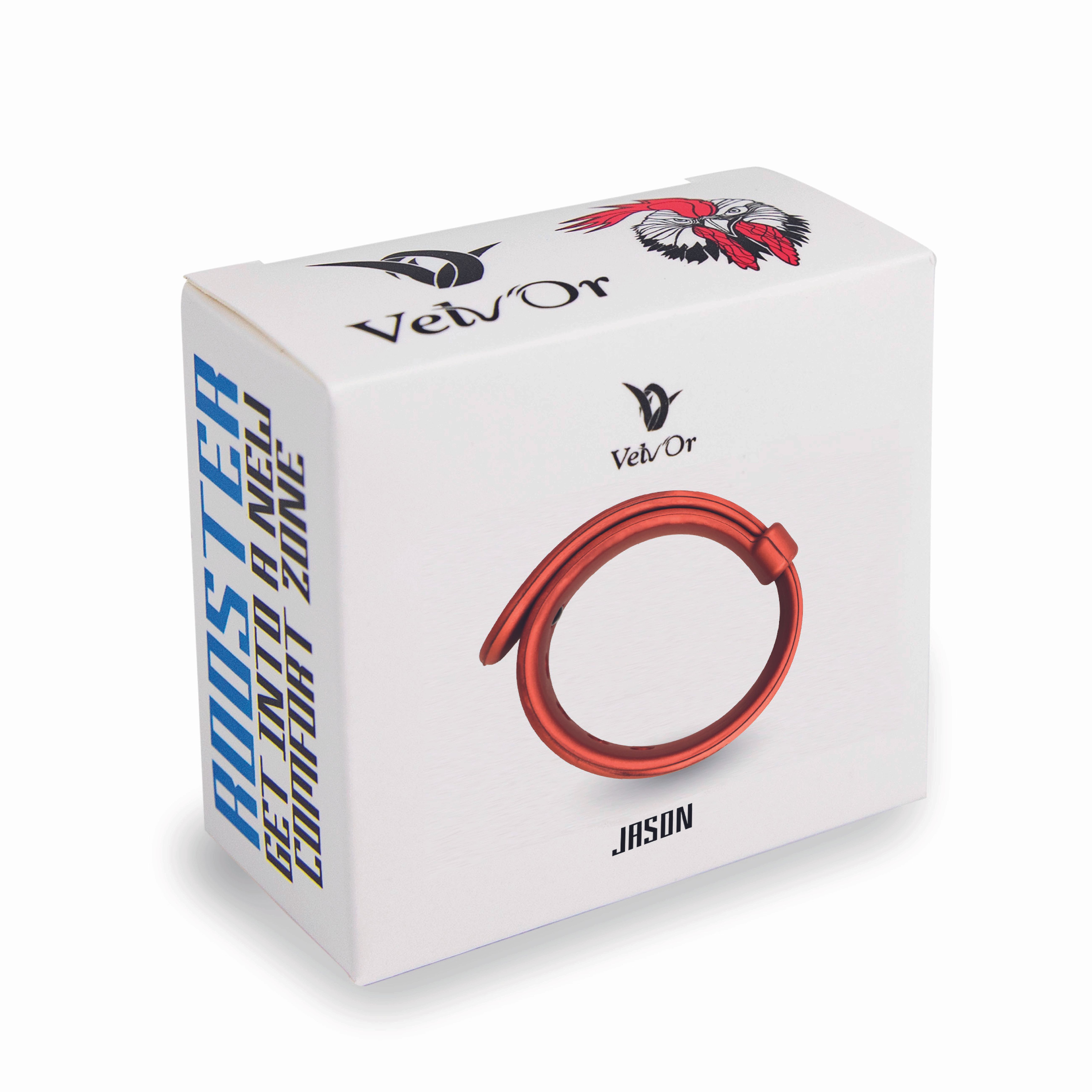 Verpackung mit rotem Penisring. Aufschrift: Velv Or, Jason, Rooster, Get into 8 Nelly Comfort Zone.