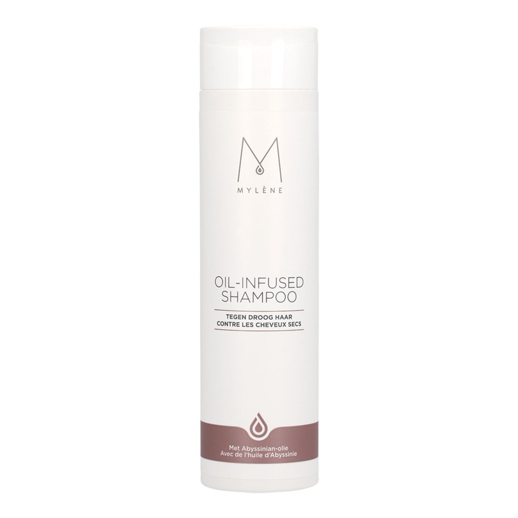 Mylène Oil-Infused Shampoo Flasche mit Abessinieröl für trockenes Haar.