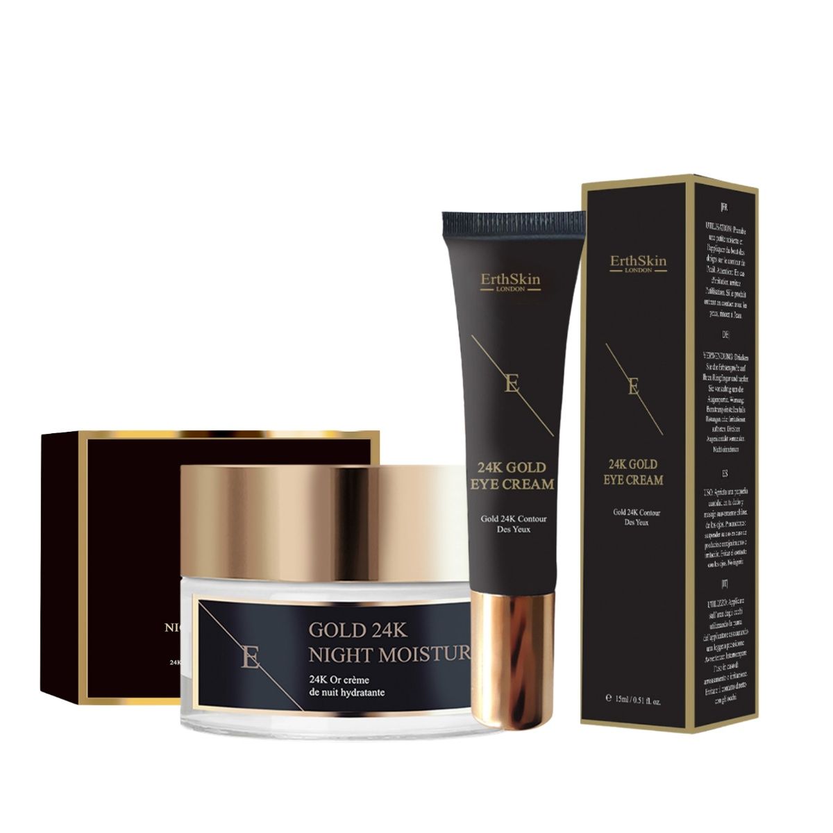 ErthSkin London Set. Nachtcreme und Augencreme in schwarzen Verpackungen. Goldfarbene Deckel und Akzente. Text: 24K Gold.