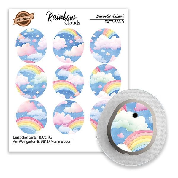 Aufkleber-Set mit Regenbogen-Wolken-Design. Neun runde Aufkleber mit Wolken und Regenbogen. Dexcom G7 Stickerset.