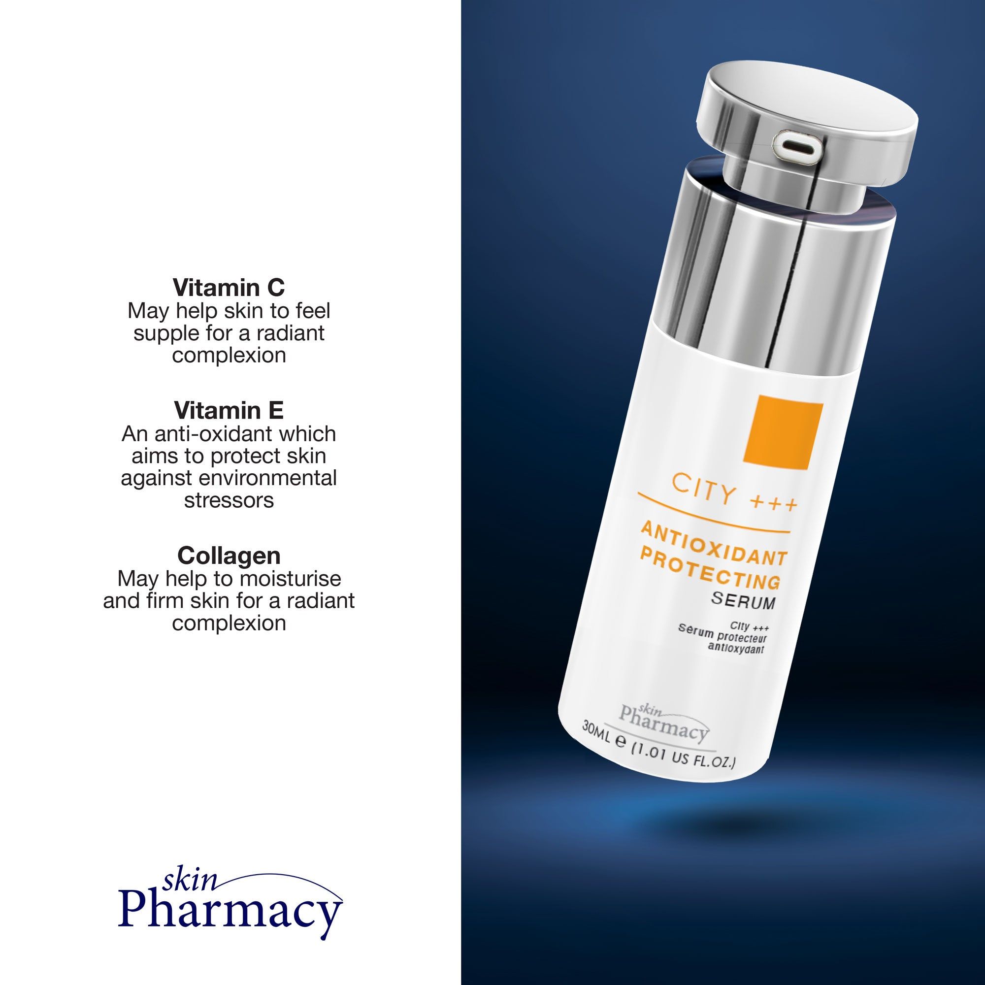 Weißes Serum mit silbernem Verschluss. Orangefarbenes Quadrat. Text: CITY +++, ANTIOXIDANT PROTECTING SERUM, skinPharmacy. Hintergrund: blau.