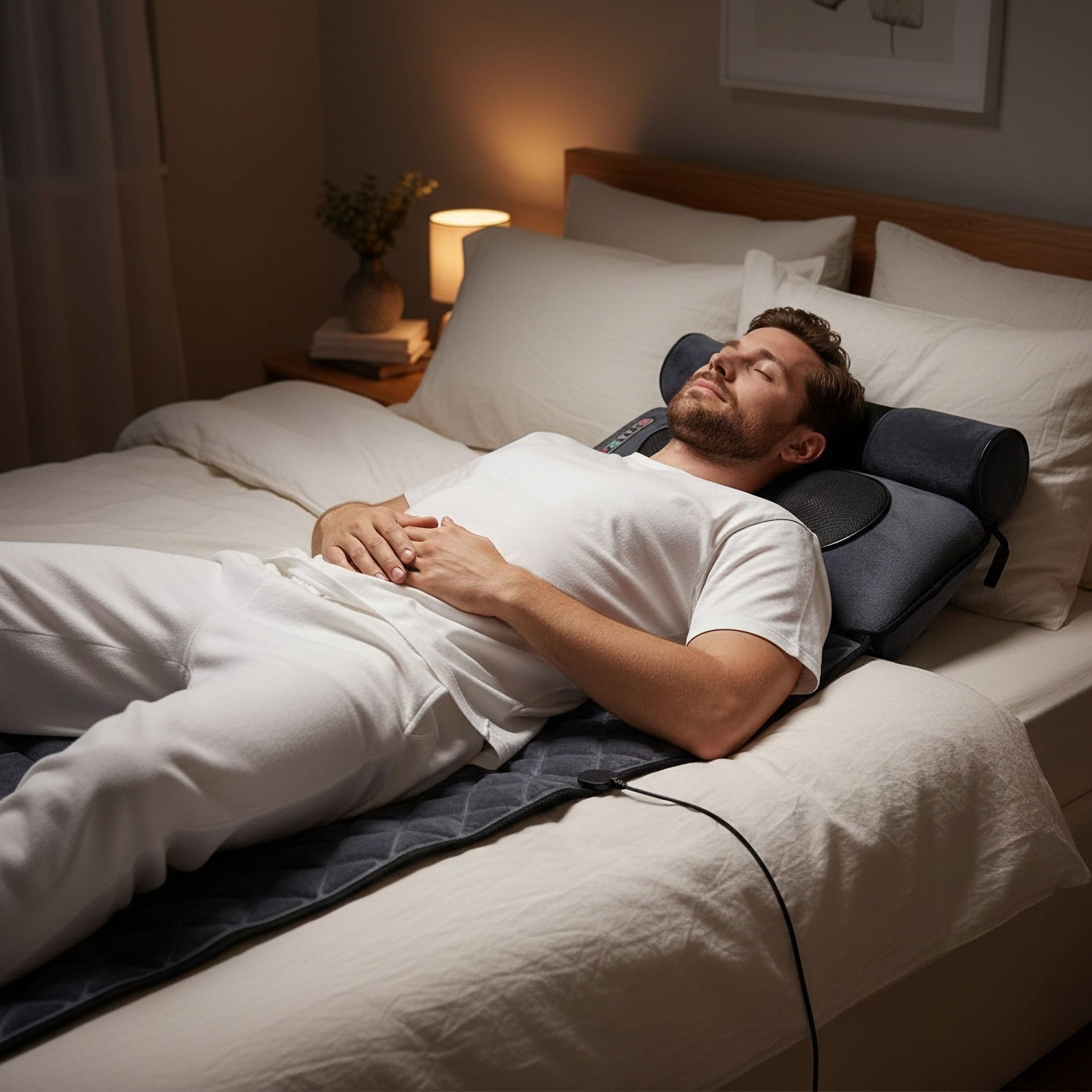 Mann liegt auf einem grauen Massagematten-Kopfstütze. Fernbedienung. Auf einem Bett platziert.