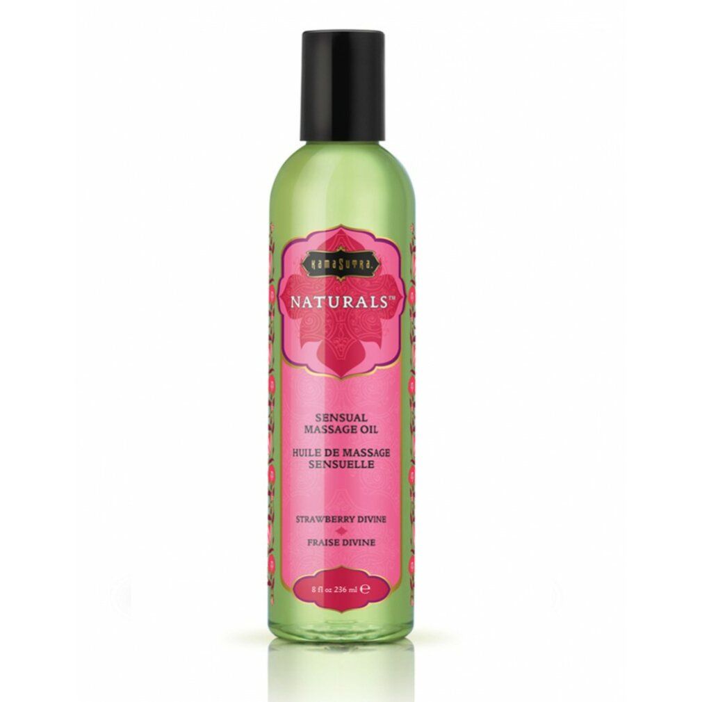 Grüne Flasche mit schwarzem Deckel. Etikett mit "Kama Sutra Naturals" und "Sensual Massage Oil" in Pink. Massageöl.