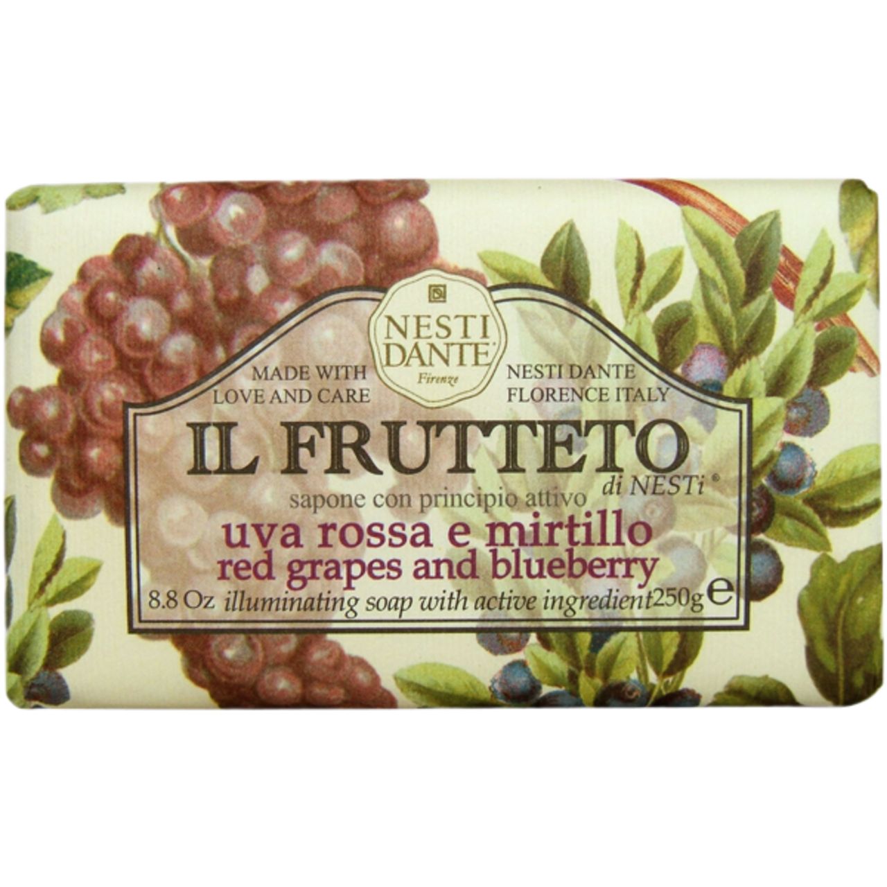 Seife mit Aufschrift Il Frutteto, Trauben & Heidelbeeren. Verpackung mit Abbildung von Trauben und Blaubeeren.