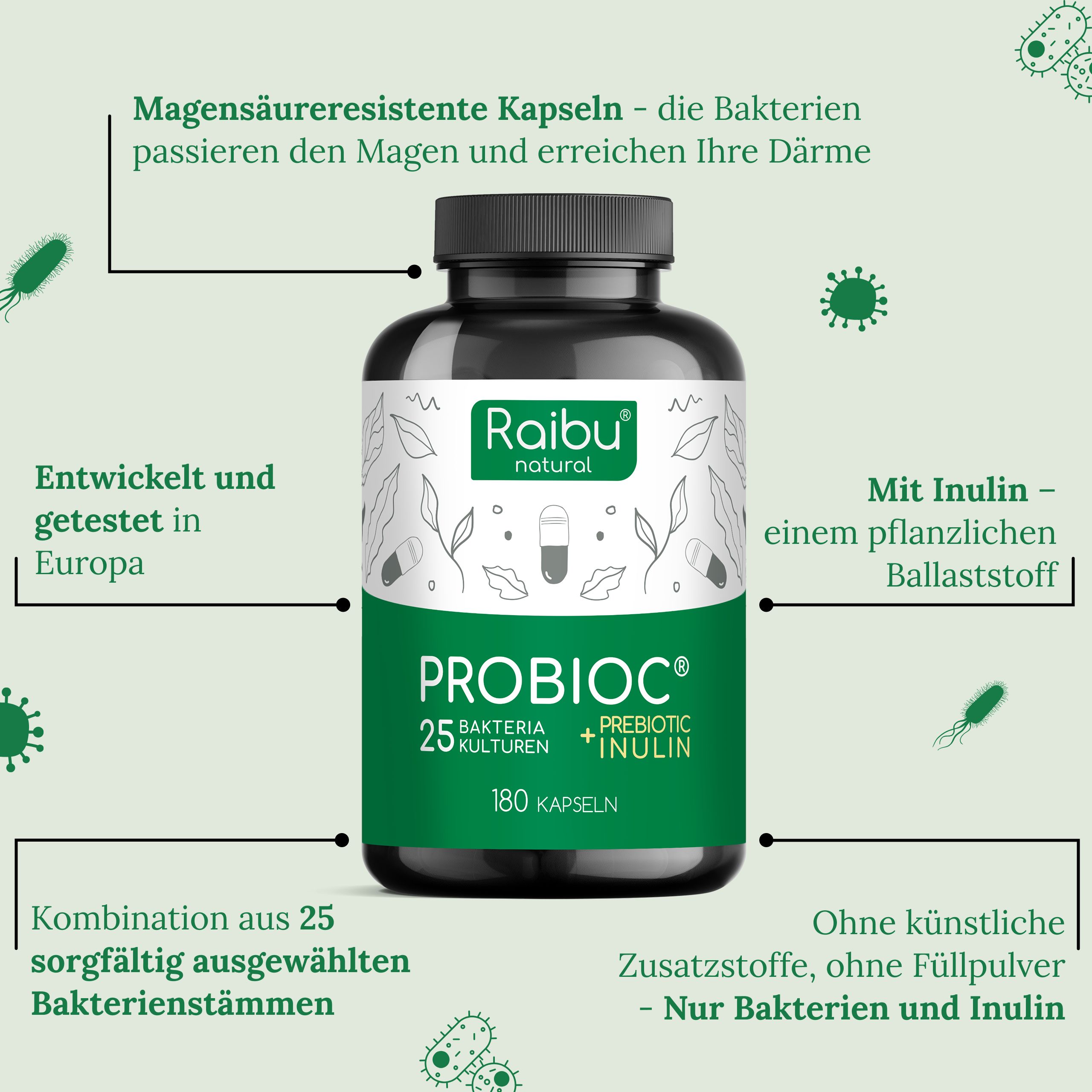 Produktflasche mit Text und Infografiken. Text: PROBIOC, 25 Bakterienkulturen + Inulin, 180 Kapseln. Pfeile zeigen auf Text.
