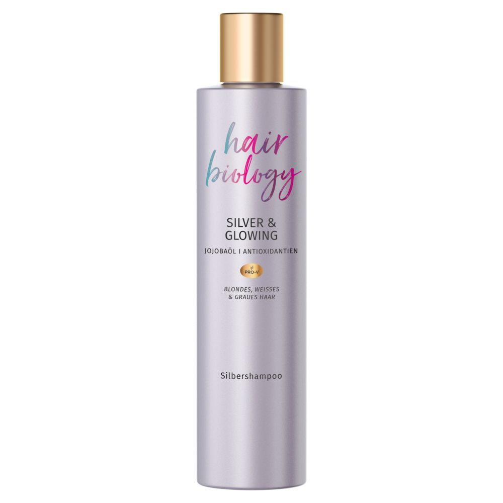 Silbershampoo-Flasche. Aufschrift: Hair Biology, Silver & Glowing. Für blondes, weißes & graues Haar. Mit Jojobaöl & Antioxidantien.