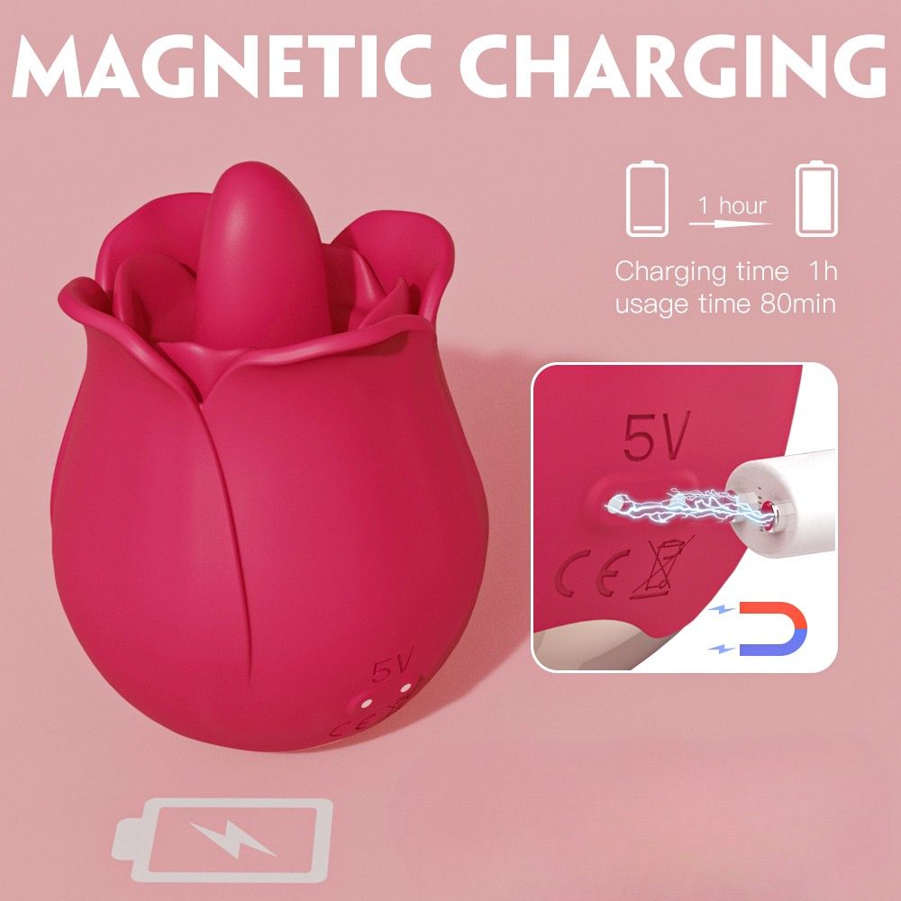Rosa Vibrator in Rosenform. Magnetisches Aufladen. Ladezeit 1h, Nutzungszeit 80min. CE-Zeichen.