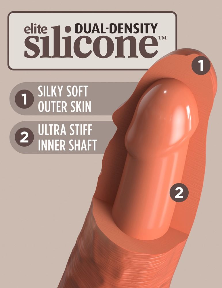 Sezione di un dildo. Scritta "Dual-Density Silicone". Esterno morbido, interno rigido. Colore arancione.